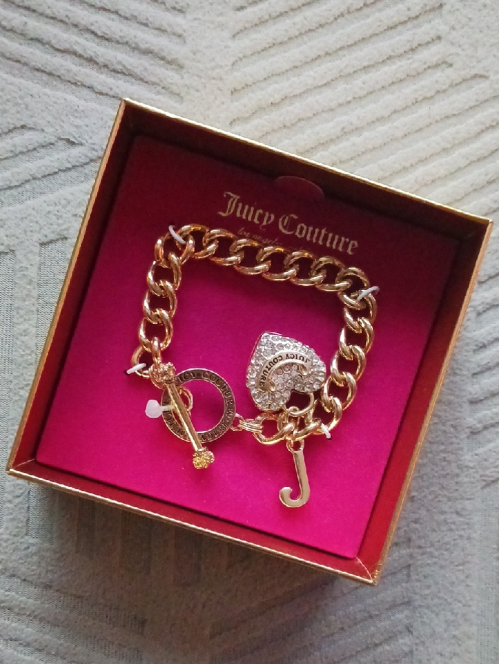 Juicy Couture Gold-Tone Charm Chain Bracelet with Crystal Heart